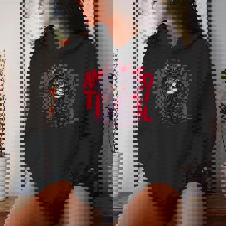 カワイイ アニメ ゴシック 猫 女の子 ちび 反社会的 メンヘラ グランジ レディースパーカー 彼女への贈り物