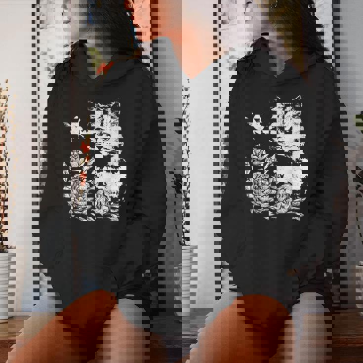 バラと蝶の猫、花柄 レディースパーカー 彼女への贈り物