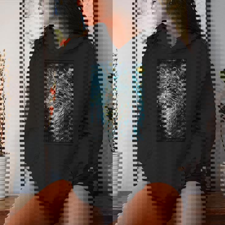 メインクーン 猫 ゴッホ 星月夜 猫好き 猫 お母さん お父さん レディースパーカー 彼女への贈り物