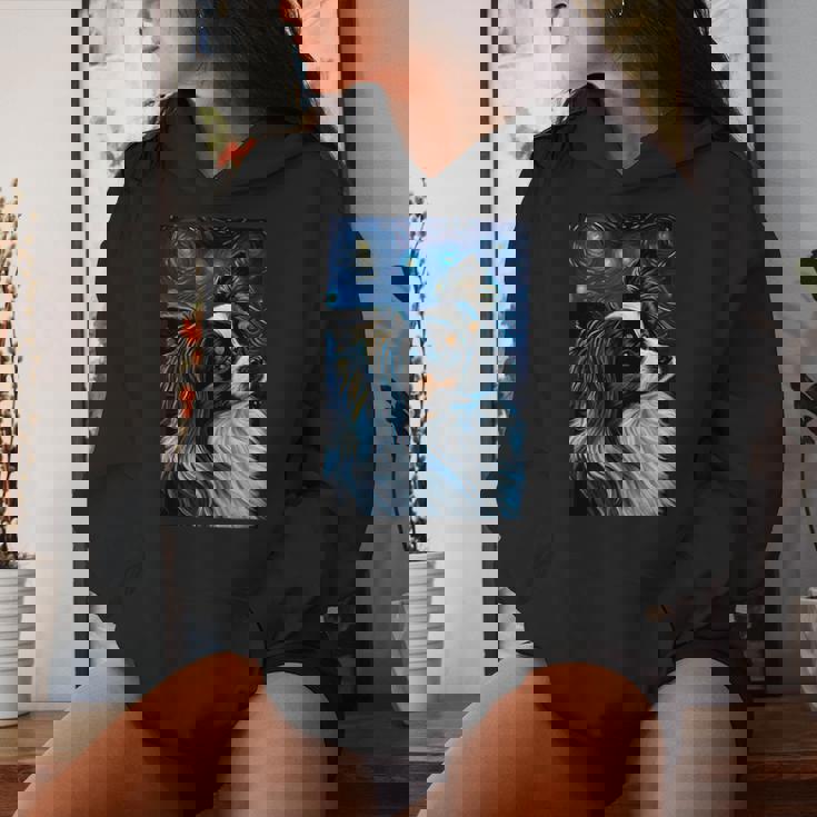 星月夜のパピヨン 絵画 犬 お母さん お父さん レディースパーカー 彼女への贈り物