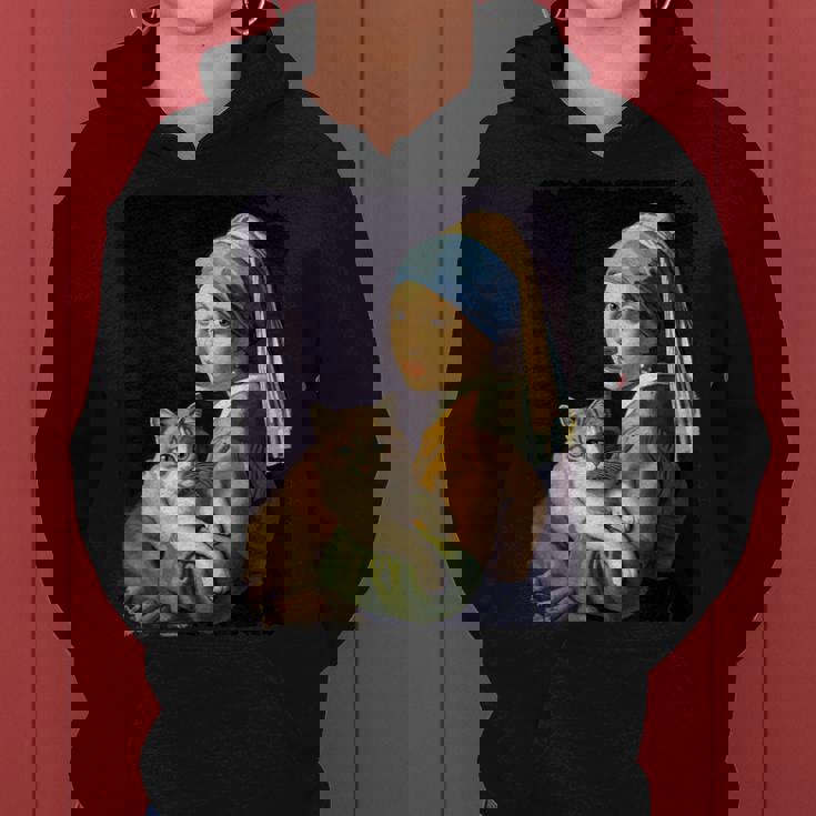 Girl With A Pearl Earring And A Cat 名画パロディ アート猫 レディースパーカー