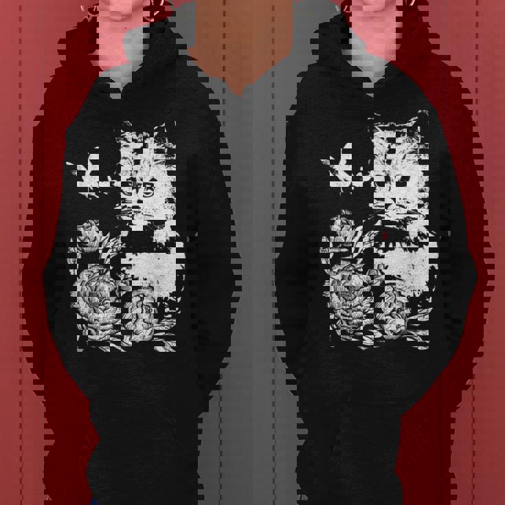 バラと蝶の猫、花柄 レディースパーカー