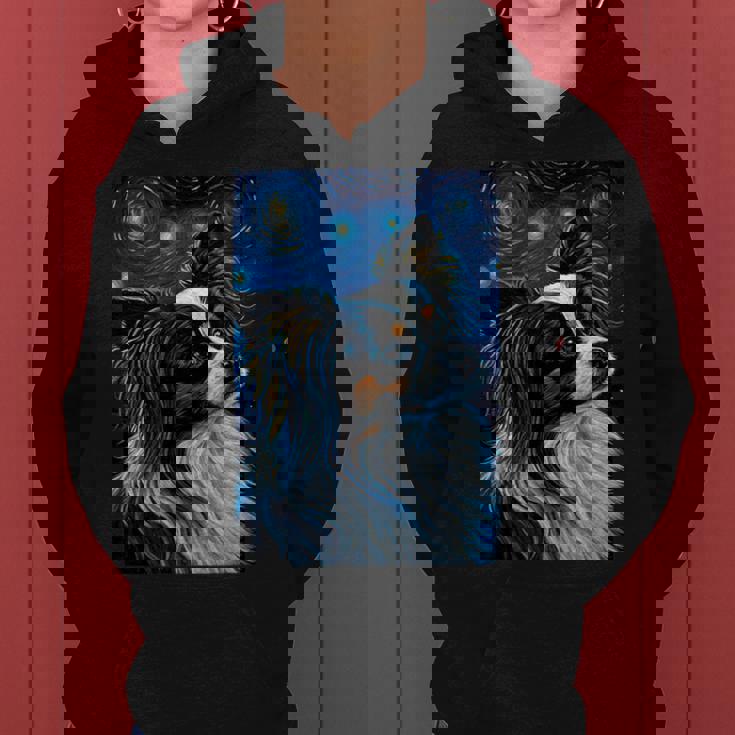 星月夜のパピヨン 絵画 犬 お母さん お父さん レディースパーカー