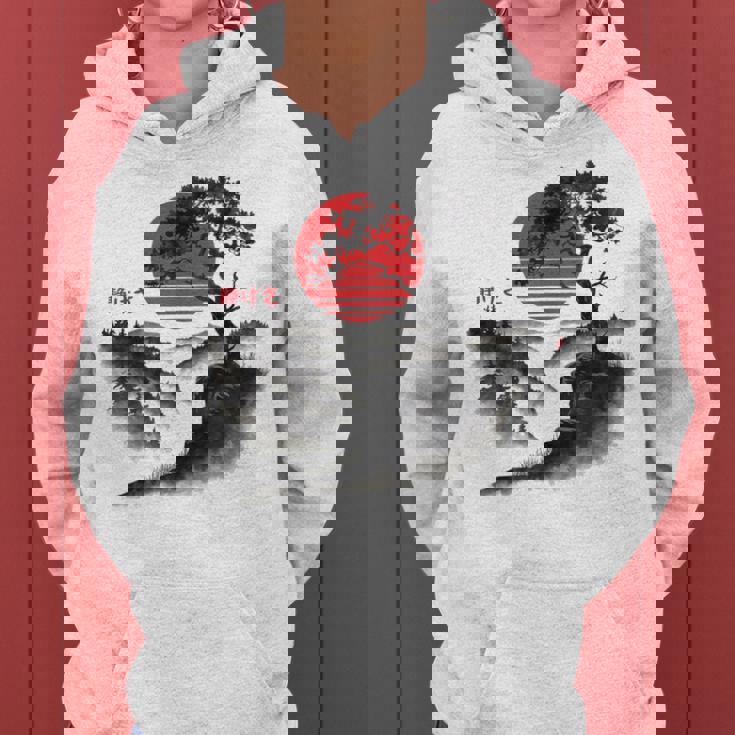 日本の木 赤い月 絵画 日本 夕日 男性 女性 レディースパーカー