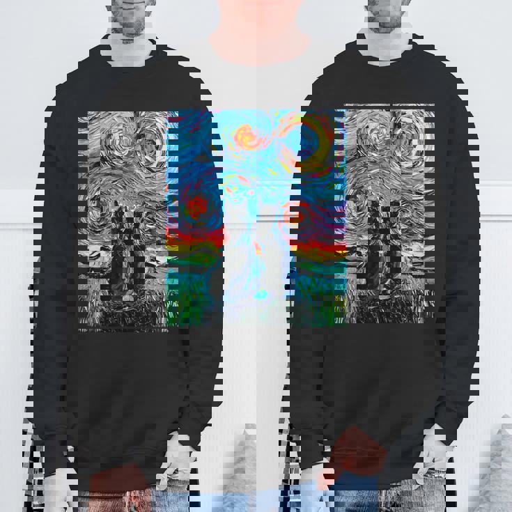 Aja 星月夜に2匹の黒猫 カラフルアート スウェットシャツ 高齢者への贈り物