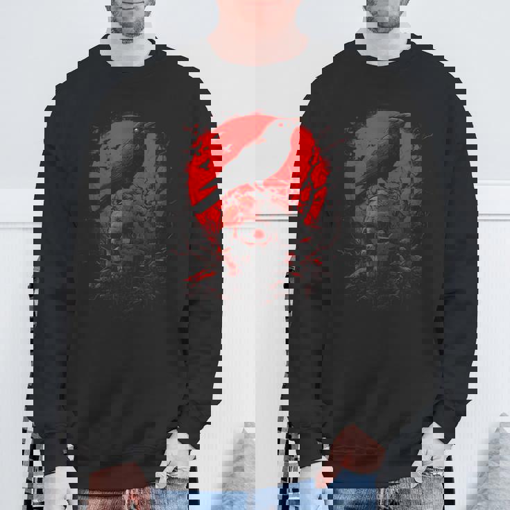Black Gothic Raven Skull Red Moon Graphic Black Crow Sweatshirt Gifts for Old Men