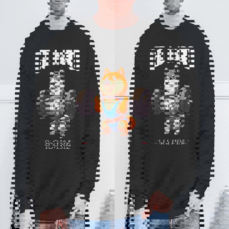 Go Hard Or Go Home 柴犬 犬 ウエイトリフティング フィットネス ジム スウェットシャツ 高齢者への贈り物