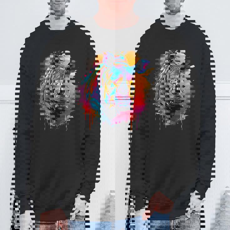 Rhinoceros アートワーク ポートレート 動物 アート カラフル スプラッシュ サイ スウェットシャツ 高齢者への贈り物