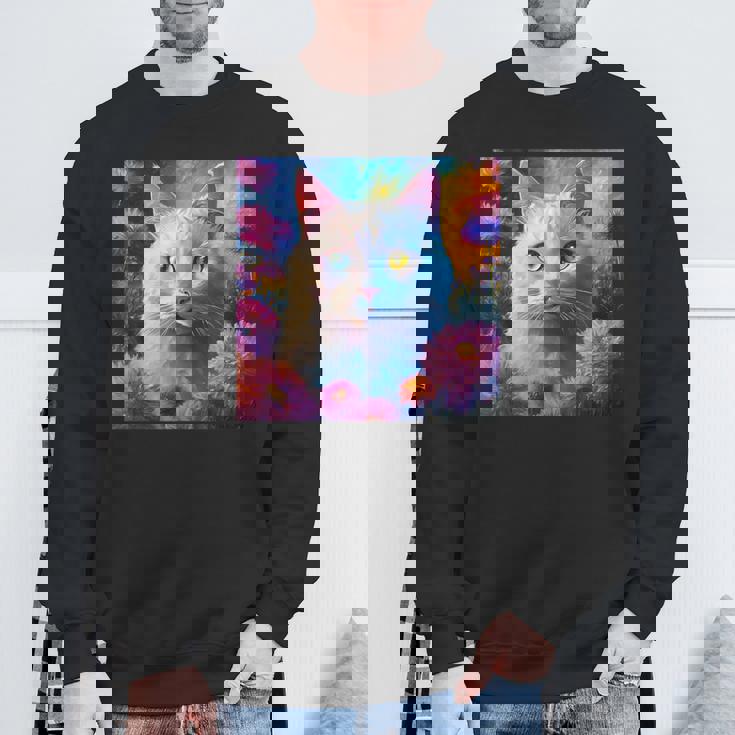 「お花畑のルディ猫」 油絵風ファンタジーアート 綺麗 かわいい オッドアイ リアル スウェットシャツ 高齢者への贈り物