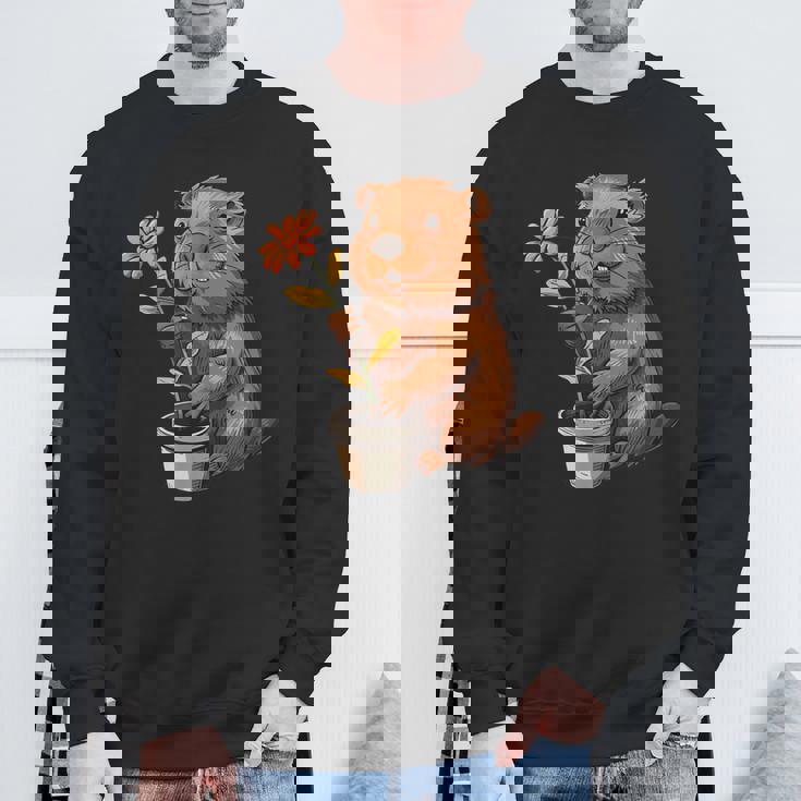 かわいいコスチューム愛好家のための鉢植えのハッピービーバー スウェットシャツ 高齢者への贈り物