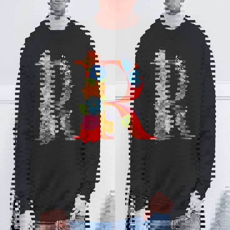 イニシャル R アルファベット バタフライ ローズ 花 水彩 モノグラム スウェットシャツ 高齢者への贈り物