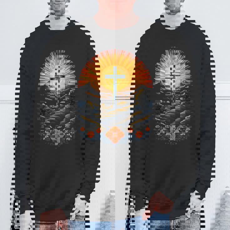 イースターデー クロスフラワー サンセット クリスチャン イースター スウェットシャツ 高齢者への贈り物