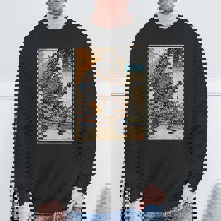 エレキギターを弾く日本の侍猫 浮世墨アート スウェットシャツ 高齢者への贈り物