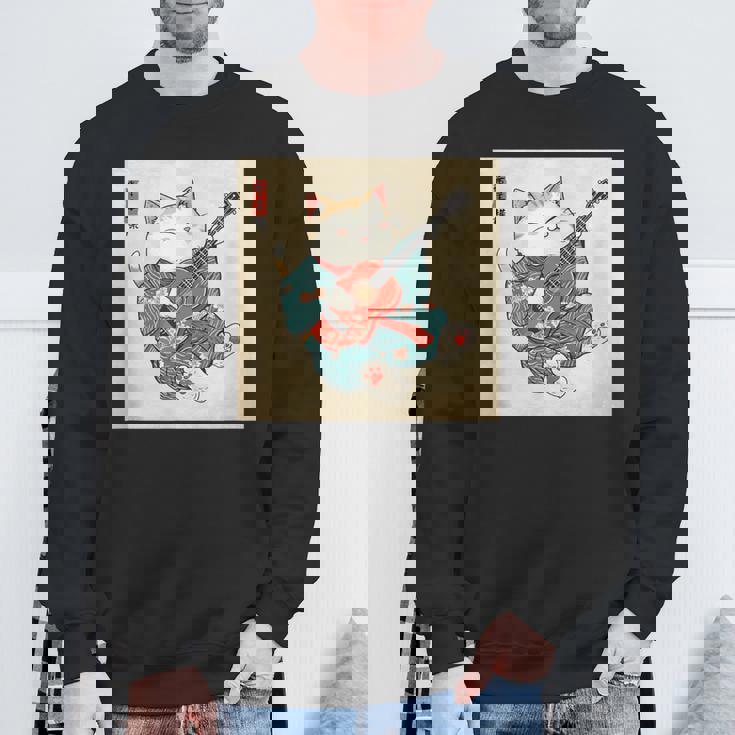 ギター奏でる猫 着物姿 ヴィンテージ 日本美術 面白い スウェットシャツ 高齢者への贈り物