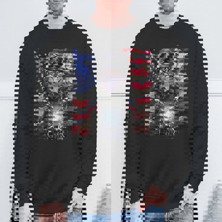 グレー 猫 ねこ バイク 星条旗 アメリカ スウェットシャツ 高齢者への贈り物