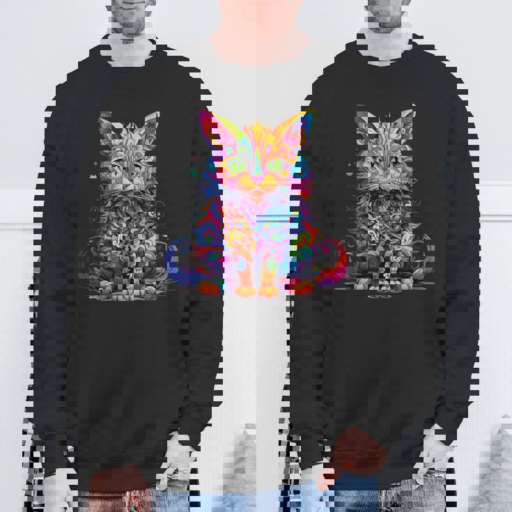 サイケデリック マンガ 猫 カラフル ファンタジー 曼荼羅スタイル スウェットシャツ 高齢者への贈り物