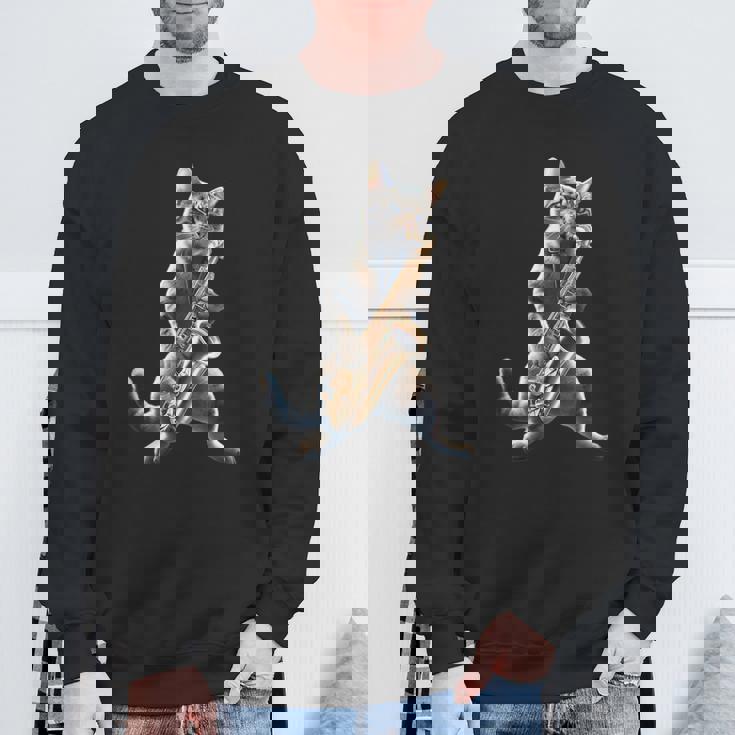 サックスを演奏する面白い猫 ジャズ サックス ミュージシャン サクソフォニスト スウェットシャツ 高齢者への贈り物