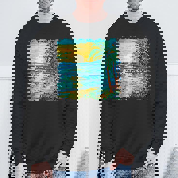 トロピカルビーチ 太陽 オーシャン ヤシの木 ゴッホスタイル アートデザイン スウェットシャツ 高齢者への贈り物