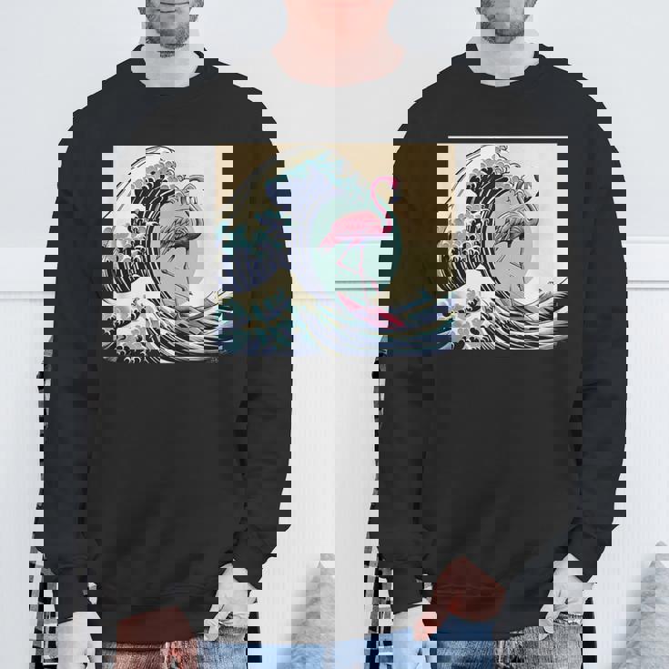 トロピカルピンク フラミンゴ グレートビッグウェーブサーファー オーシャンビーチ スウェットシャツ 高齢者への贈り物