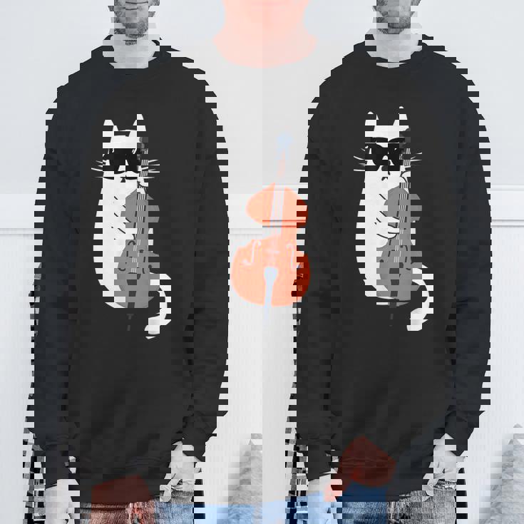 ネコとコントラバス 猫とサングラス ネコ好き 猫飼い コントラバス ウッドベース ダブルベース ジャズ音楽 ネコ 猫 スウェットシャツ 高齢者への贈り物