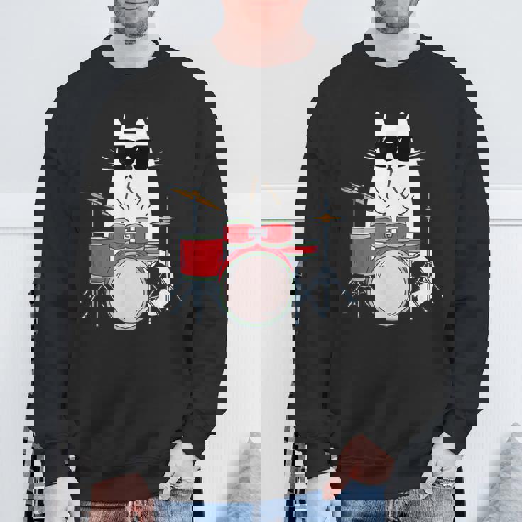 ネコとドラム 猫とサングラス ネコ好き 猫飼い 愛猫家 ドラム ドラムセット バンド ジャズ音楽 ねこ ネコ 猫 スウェットシャツ 高齢者への贈り物