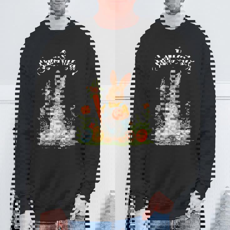 ハッピーイースターバニーニンジンイースターエッグ イースターラビットアートワーク スウェットシャツ 高齢者への贈り物