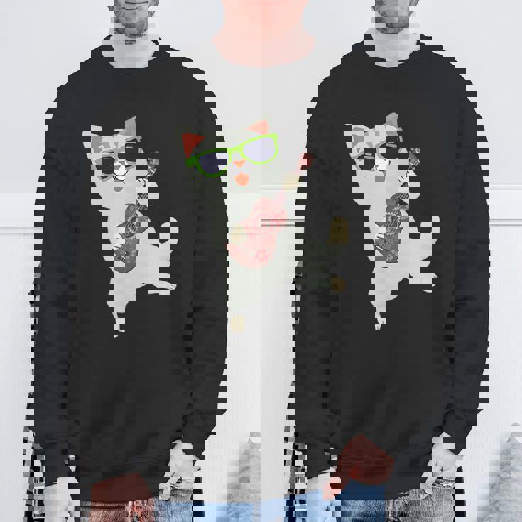 ハワイアンウケ猫遊びウクレレバッジポケット スウェットシャツ 高齢者への贈り物