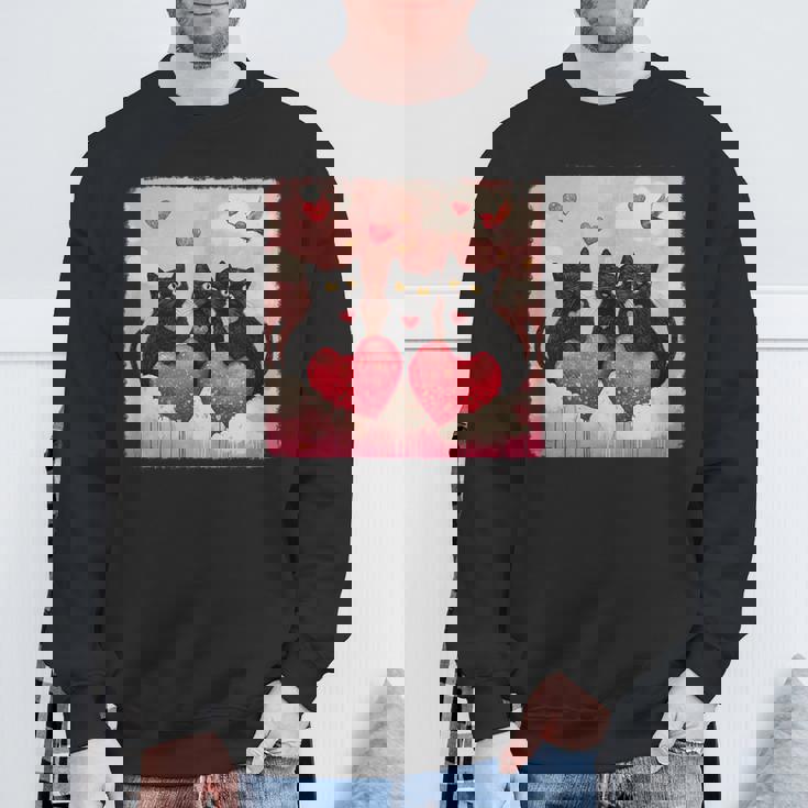 ハートのある黒猫 バレンタインデー アートペインティング スウェットシャツ 高齢者への贈り物