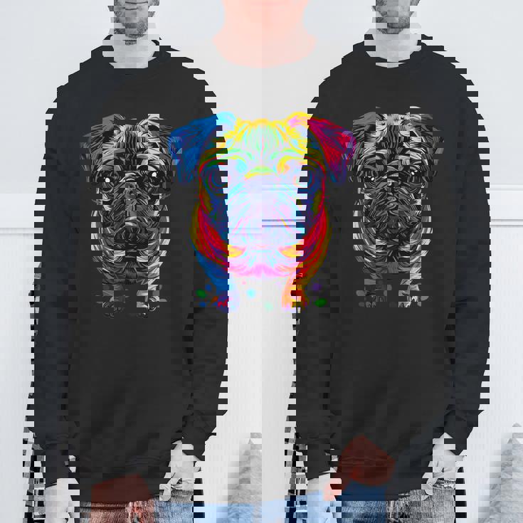 パグ犬 カラフルカラー ポップアート レインボー カーリン キュート パグ スウェットシャツ 高齢者への贈り物