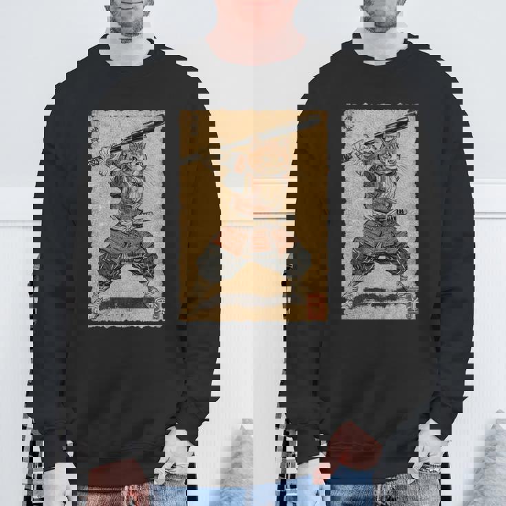 ビンテージアニメ 日本美術 野球選手の侍猫 長袖tシャツ スウェットシャツ 高齢者への贈り物