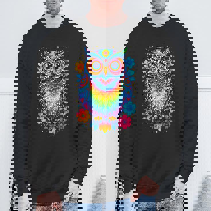 フクロウと花 カラフルなアートワーク フクロウの恋人 スウェットシャツ 高齢者への贈り物