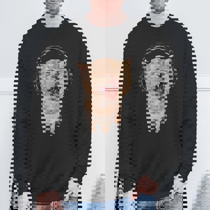 ヘッドフォン付き猫 ミーム スウェットシャツ 高齢者への贈り物