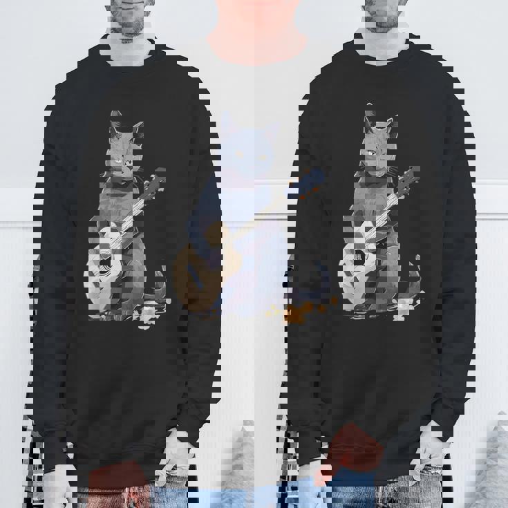 ミュージシャン ロシアンブルー猫 ギタリスト 猫とギター スウェットシャツ 高齢者への贈り物