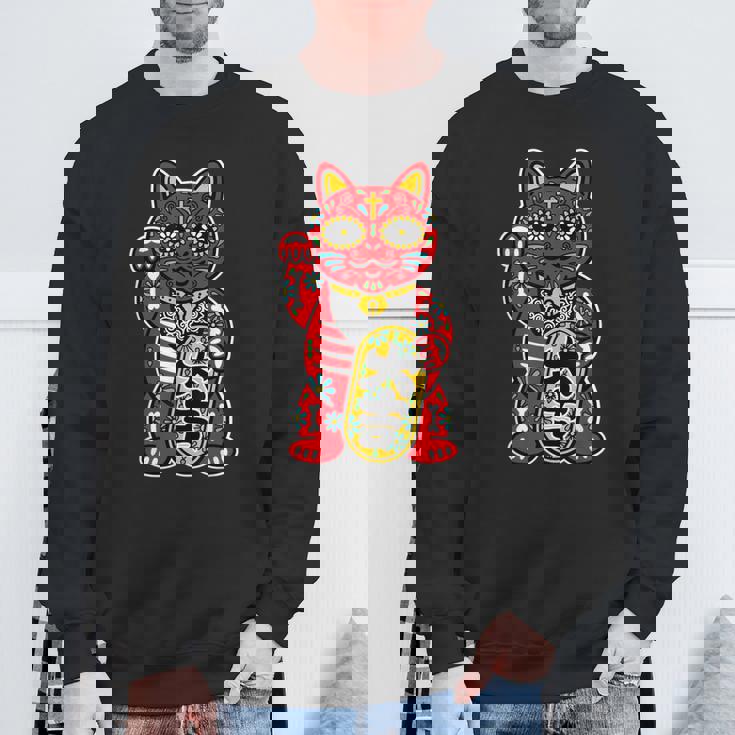 メキシコ 死者の日 と 招き猫 ネコ を組合わせた シュガー スカル キャット 赤 レッド 大吉 猫好き ねこマニア スウェットシャツ 高齢者への贈り物