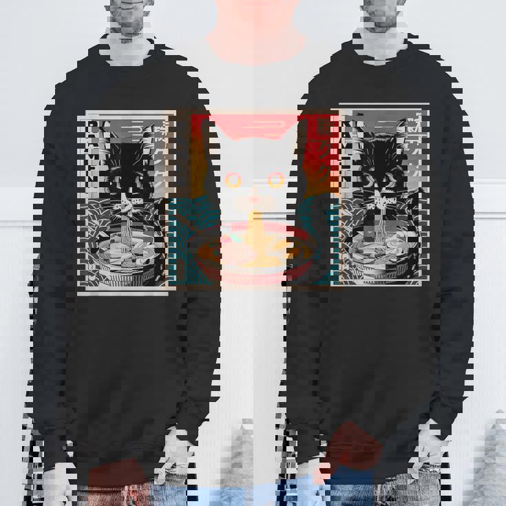 ラーメンと黒猫 和風ビンテージ スウェットシャツ 高齢者への贈り物