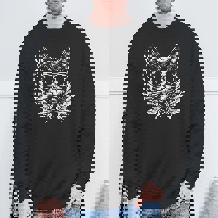 レトロな猫 サングラス付き 喫煙 大麻 雑草 葉 スウェットシャツ 高齢者への贈り物