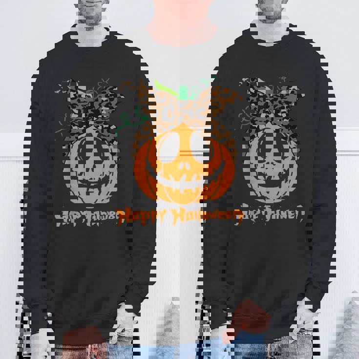 不気味なカボチャ ヒョウ柄 乱雑なお団子 ハロウィン 面白い スウェットシャツ 高齢者への贈り物