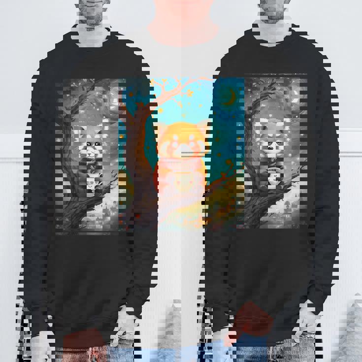 愛らしいレッサーパンダとティーカップの星月夜イラスト スウェットシャツ 高齢者への贈り物