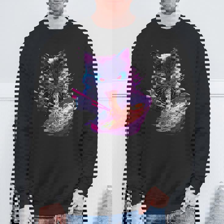 日本美術 ラーメン 猫 忍者 シンセウェーブ スタイル サムライキャット スウェットシャツ 高齢者への贈り物