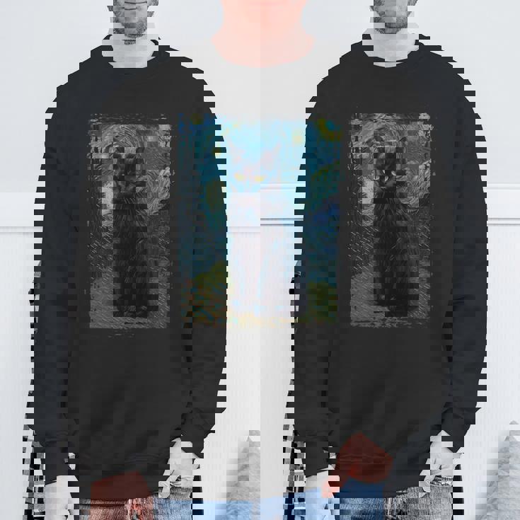 星月夜 ヴィンセント・ヴァン・ゴッホ 黒猫 レトロ絵画 猫 長袖tシャツ スウェットシャツ 高齢者への贈り物