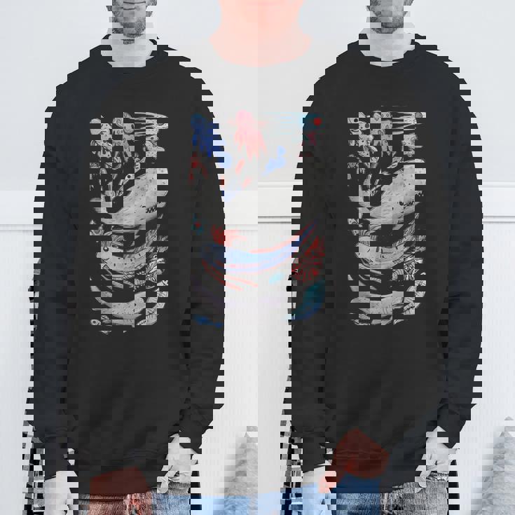 深海の海の生き物 オールフィッシュホエールサメ 水彩画 スウェットシャツ 高齢者への贈り物