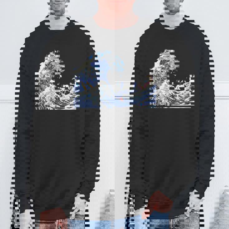 猫がサーフィンをする神奈川の大波 面白い猫の波 かわいい猫、猫好き、かわいい猫 スウェットシャツ 高齢者への贈り物