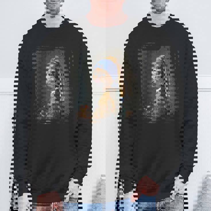 真珠のイヤリングを持つ少女 猫 パロディアート 面白い ヤン・フェルメール スウェットシャツ 高齢者への贈り物