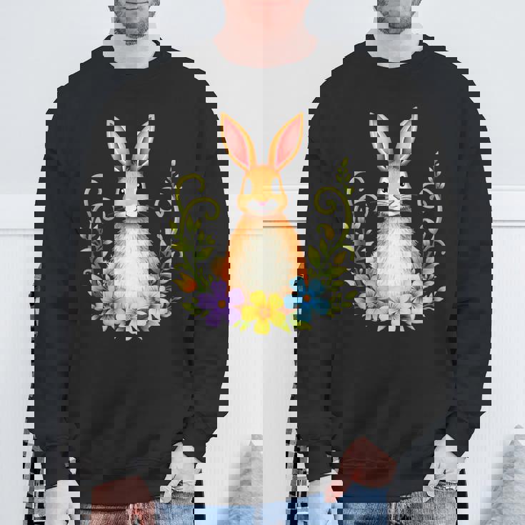 花と葉を持つ愛らしいウサギ 自然デザイン スウェットシャツ 高齢者への贈り物
