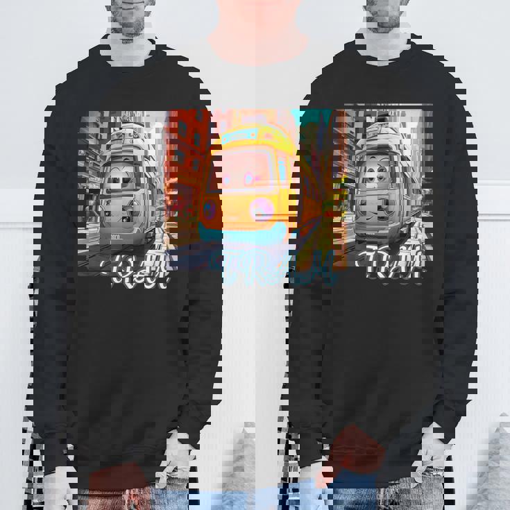 路面電車 Tram かわいい乗り物 おもちゃの乗り物 漫画風電車 鉄道ファン 鉄道旅行 鉄道模型ファン 鉄道風景 スウェットシャツ 高齢者への贈り物