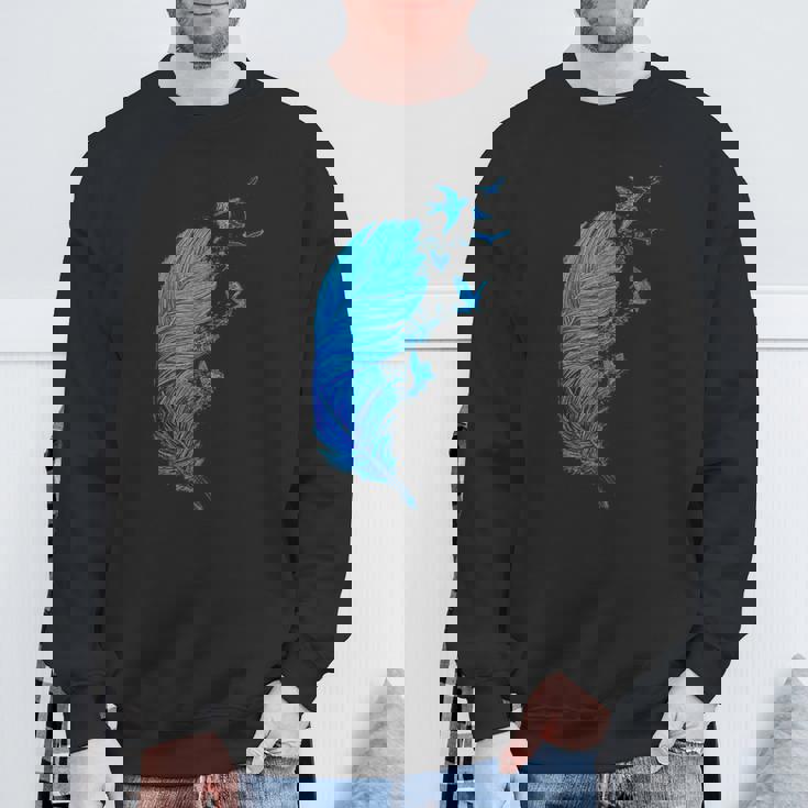 青い羽と鳥が飛んでいる青い羽 キュートでスタイリッシュ スウェットシャツ 高齢者への贈り物