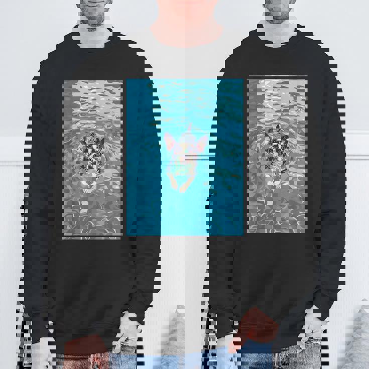 面白いボストンテリア プールで泳ぐ かわいい犬 ママ お父さん スウェットシャツ 高齢者への贈り物