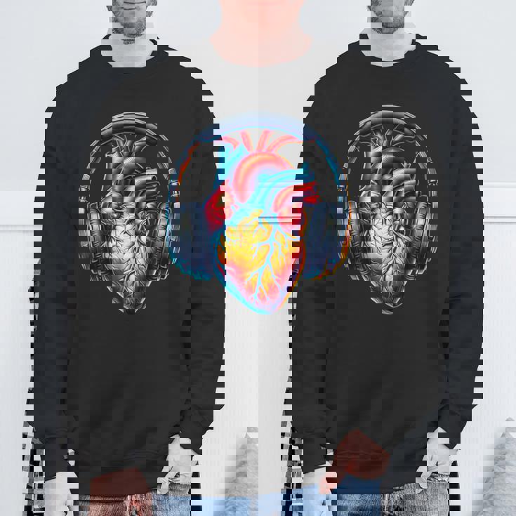 音楽解剖学的ハートとヘッドフォンdjミュージックグラフィック スウェットシャツ 高齢者への贈り物