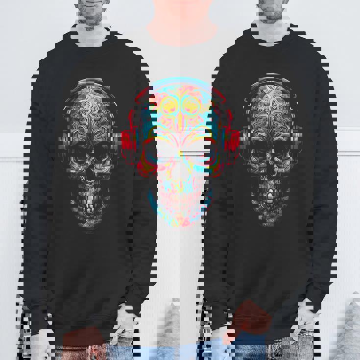 頭蓋骨アート曼荼羅ファンタジーカラフルなヘッドフォンモチーフの頭蓋骨 スウェットシャツ 高齢者への贈り物
