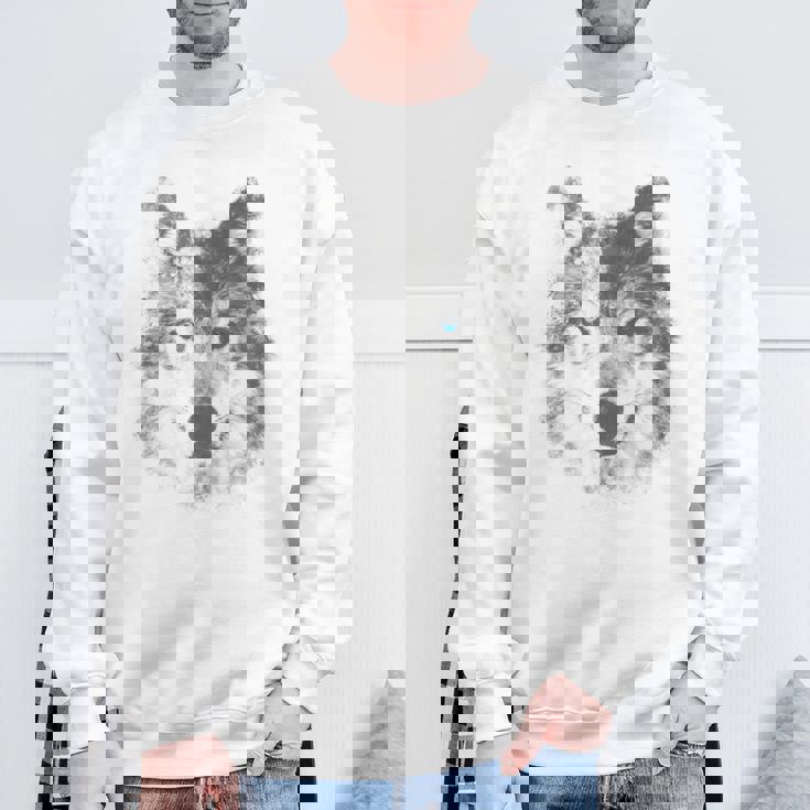 オオカミの顔 青い目 美的スマッジアートスタイル 野生動物 スウェットシャツ 高齢者への贈り物